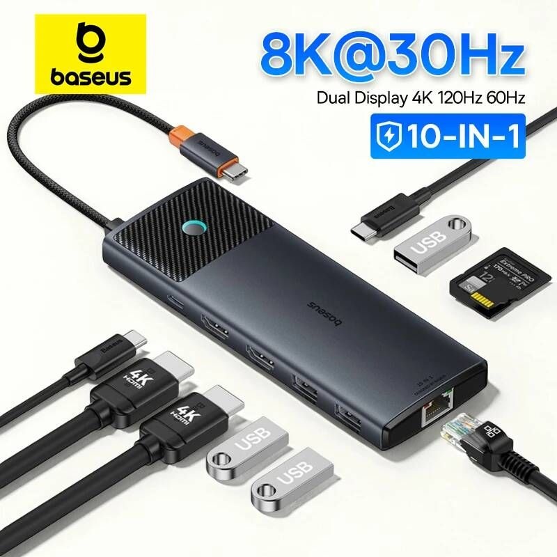 BASEUS [해외] C타입랜선 LAN 젠더 베이스어스 USB C 허브 듀얼 HDMI 8K 4K 어댑터 10-in-1 32 10Gbps 분배기 RJ45 SD TF 타입 PD 100W 맥북 프로