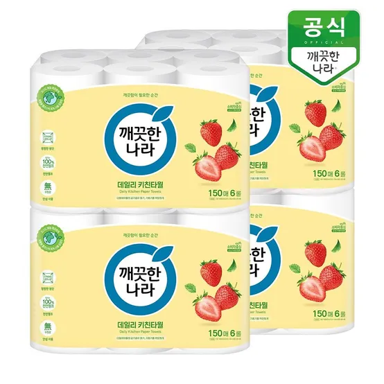 [APP전용] 깨끗한나라 데일리 키친타올 그린패키지 150매 6롤x4팩(총 24롤)