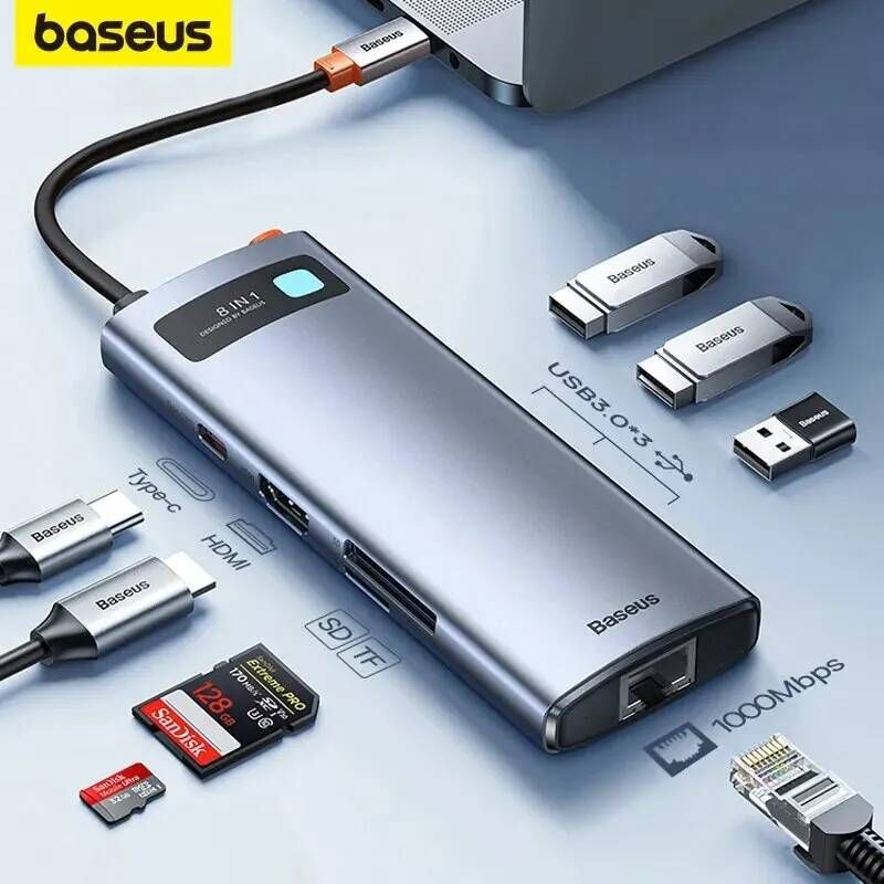 BASEUS [해외] C타입랜선 LAN 젠더 AliExpress Collection Baseus 맥북 프로용 USB 30 허브 노트북 태블릿 C타입-이더넷 포트 PD 100W 어댑터 4K