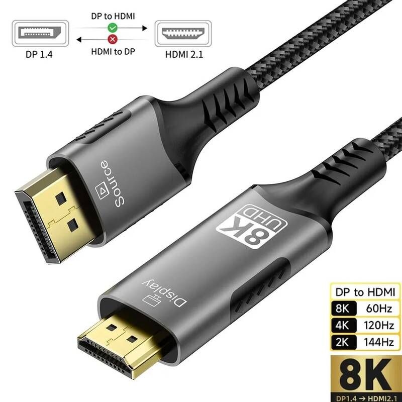 [해외] HDMI선택기 디스플레이포트-HDMI 케이블 8K DP14-HDMI 21 컨버터 8K60Hz 4K120Hz HDR 데스크탑 노트북 PC TV 모니터 프로젝터용