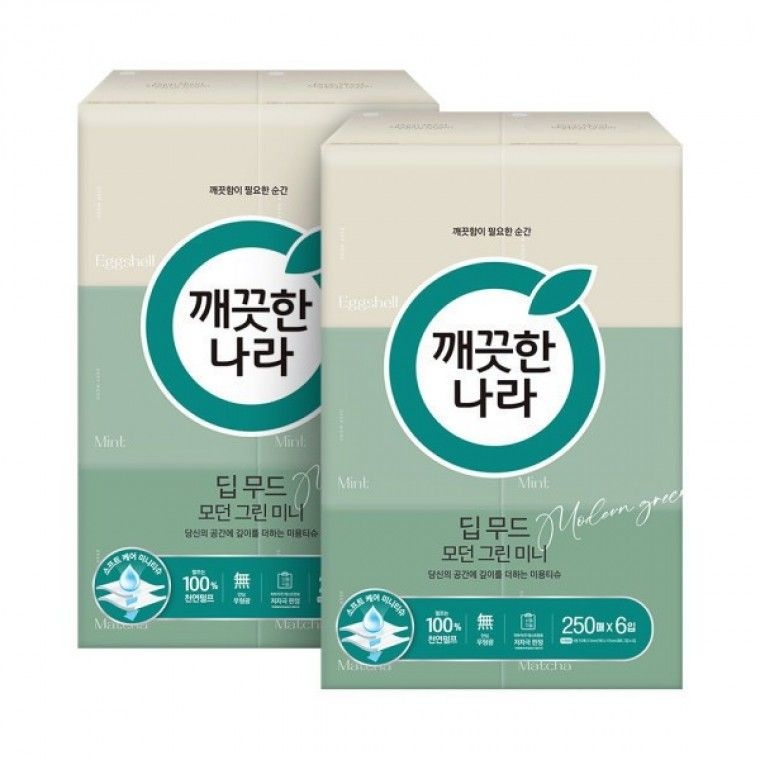 깨끗한나라 딥무드 미용티슈 모던 그린 미니 250매 6입 2팩