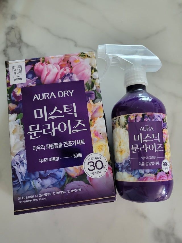 아우라 퍼퓸캡슐 건조기시트 미스틱 문라이즈 80매 + 퍼퓸캡슐 탈취제 490ml