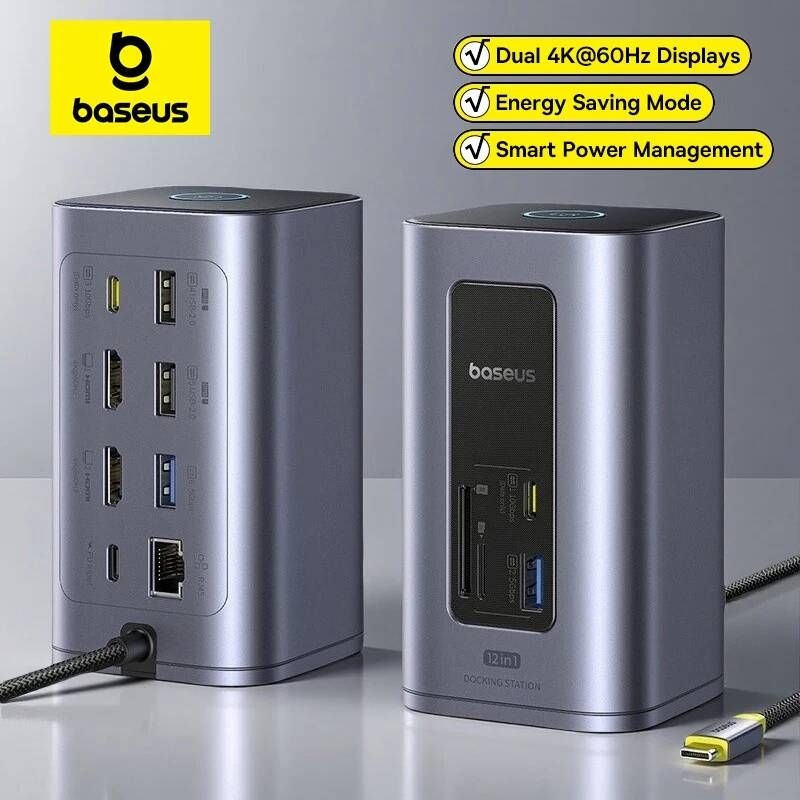 BASEUS [해외] USB랜포트 Baseus 12-in-1 USB C 허브-HDMI 4K60Hz 듀얼 디스플레이 32 어댑터RJ45 SD TF PD 100W 도킹스테이션 Window Mac 허브용