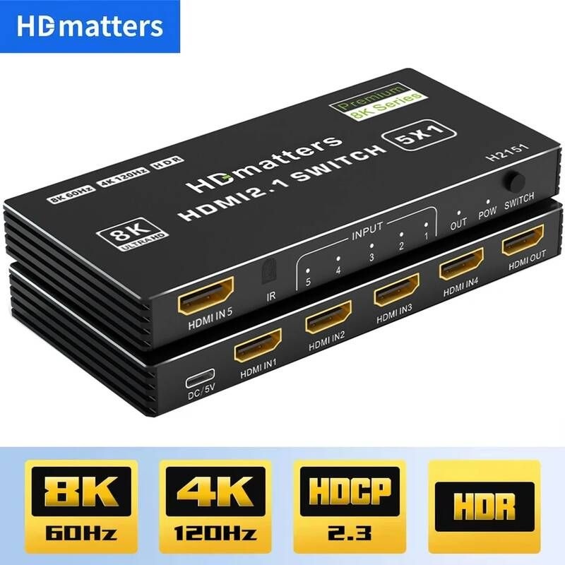 HDmatters [해외] 모니터분배기 선택기 셀렉터 스위치 HDMI 21 Splitter 120Hz 345포트 20 스위처PS5 Xbox X용 리모컨 Apple TV 4K HDR