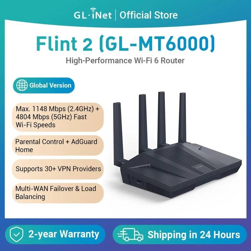 GL.iNet [해외] 휴대용라우터 유심공유기 이동식와이파이 GLiNet Flint 2GL-MT6000 가정 사무실 라우터 8스트림 Wi-Fi 6 OpenWrt 25G 이더넷