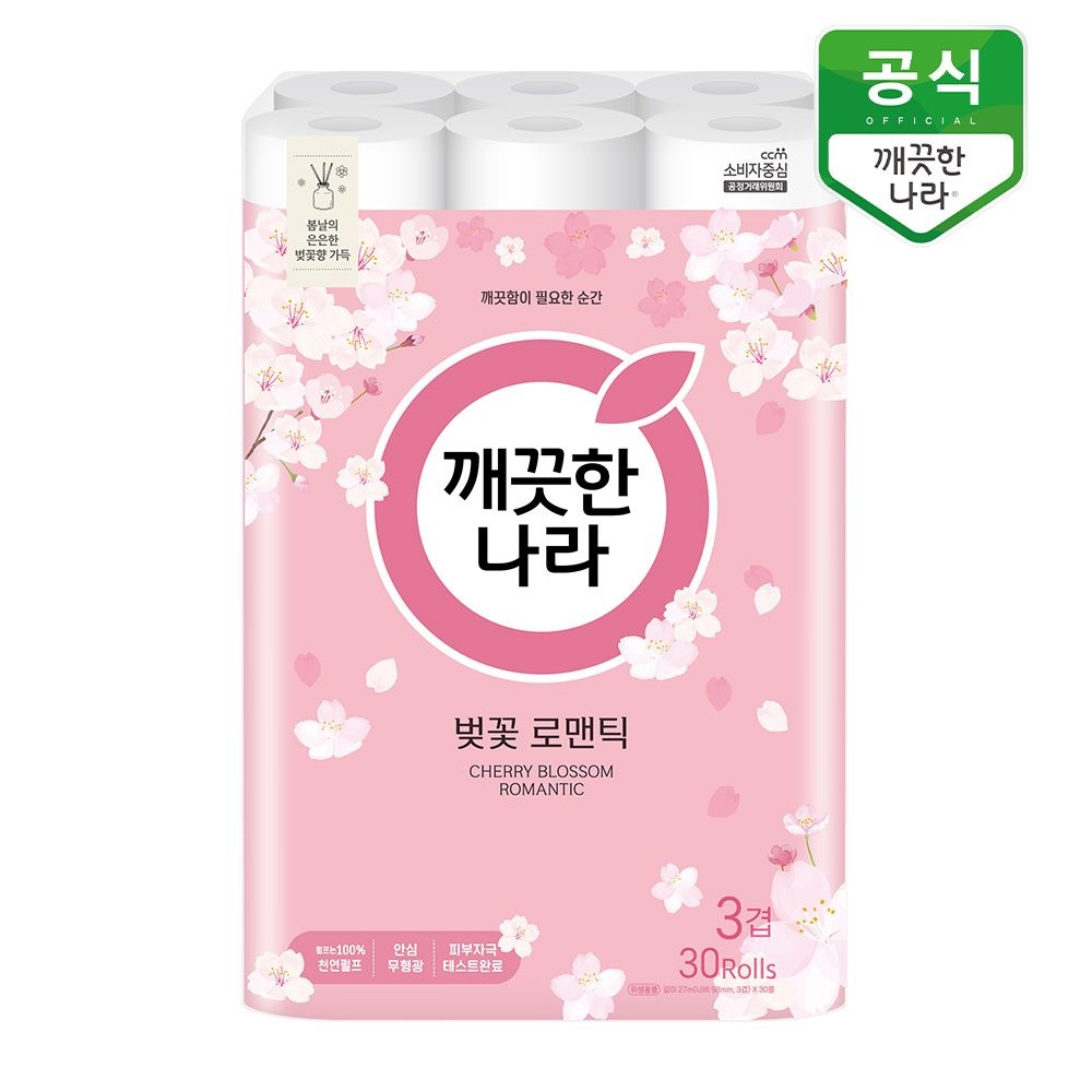 [롯데온] 깨끗한나라 벚꽃 로맨틱 3겹 화장지 27m 30롤 3팩 (37,900원/무료)