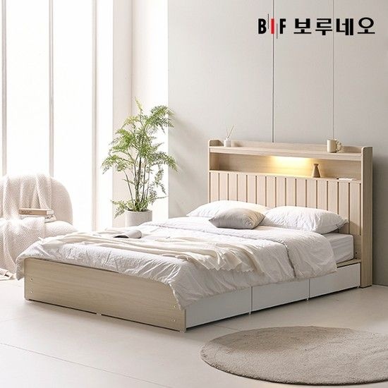 앳홈 산다라 LED 넉다운 3단서랍 벙커수납 침대 SS-한봉합 독립 화이트 매트리스