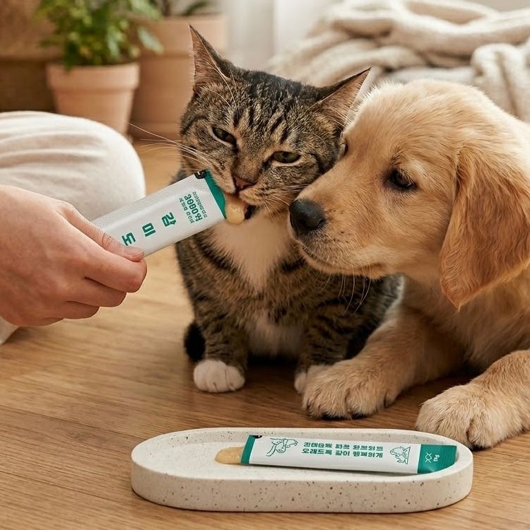 큐옴 감미도 강아지 고양이 짜먹는 유산균 저염 츄르 면역력 관절 노령묘 반려동물 영양제 4개입