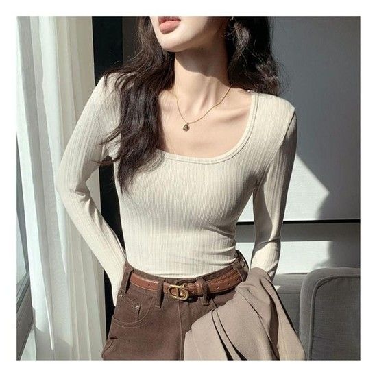[룽스_65]딥 U넥 긴팔 티셔츠 슬림핏 시크 이너 탑 (49946413)