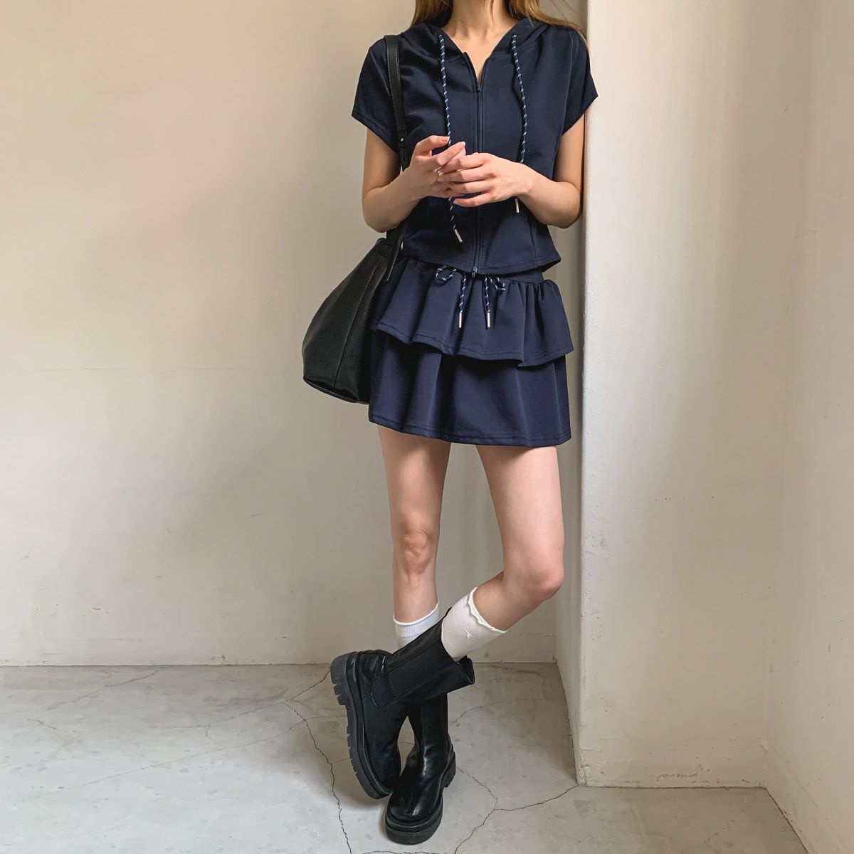 협력업체 시크블랙 SET3937C65-파이로 반팔 후드집업 캉캉 미니스커트 세트