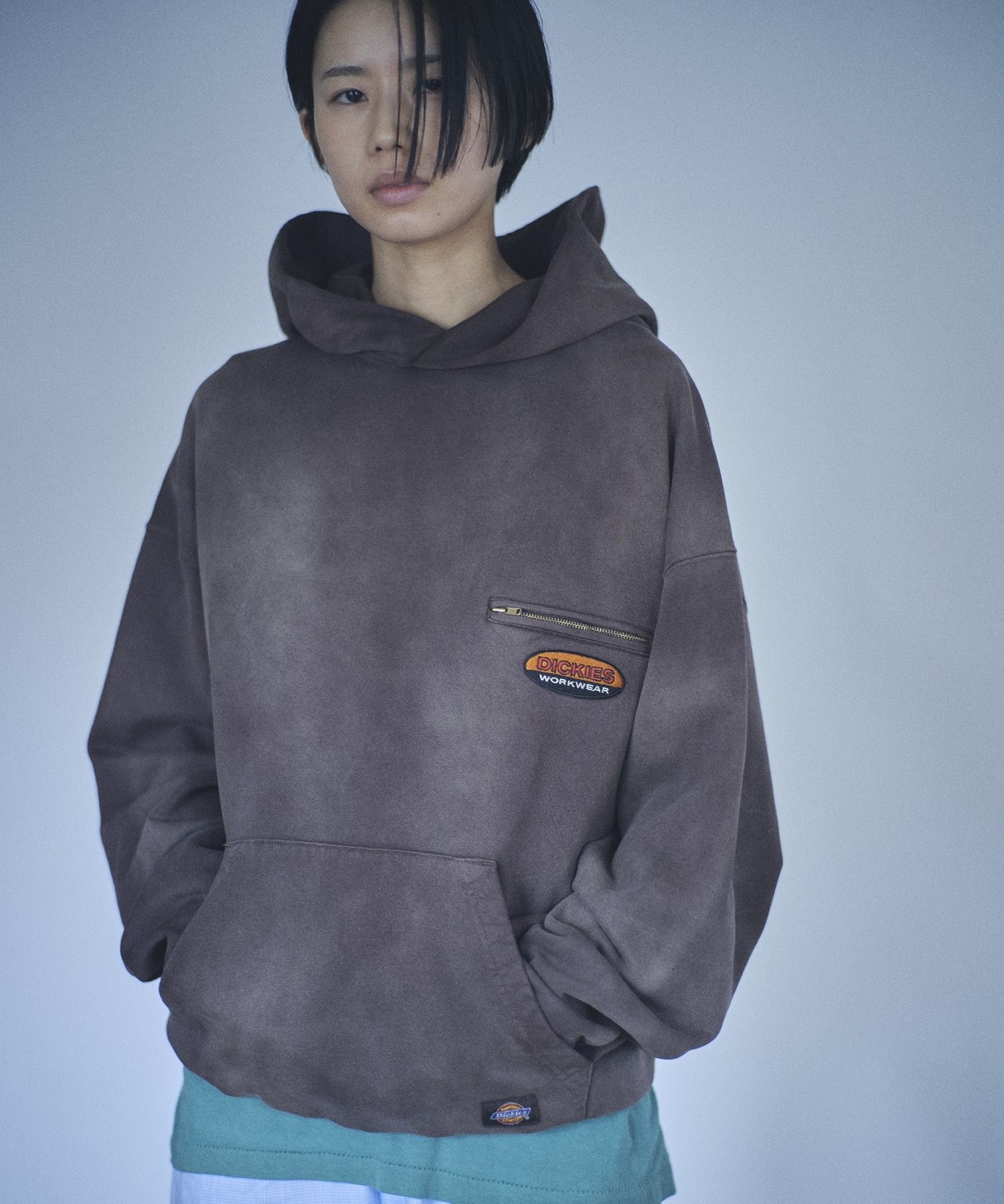 디키즈 [JP Capsule] 페이디드 워시드 후드 Dark Brown 기모 크롭후드티 DK0A8E480DB 5419368