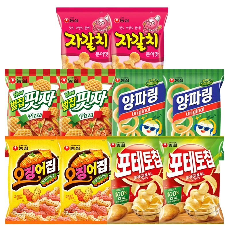 농심 포테토칩 오리지널 60g 2개 + 양파링 80g 2개 + 벌집핏자 90g 2개 + 자갈치 90g 2개 + 오징어집 78g 2개