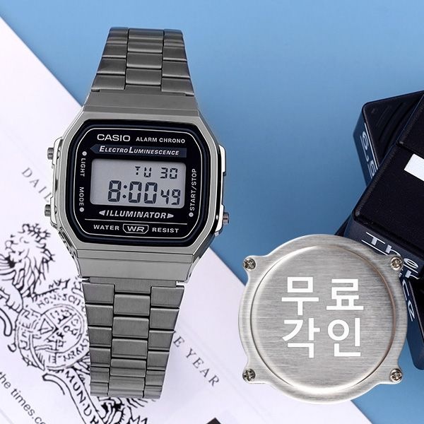 카시오 무료각인 카시오 A168WGG-1A 빈티지 사각 차콜블랙 전자 남녀공용 메탈 시계 e