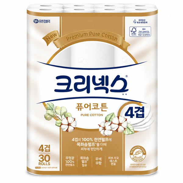 크리넥스 퓨어코튼 4겹 화장지 25M 30롤 x1개