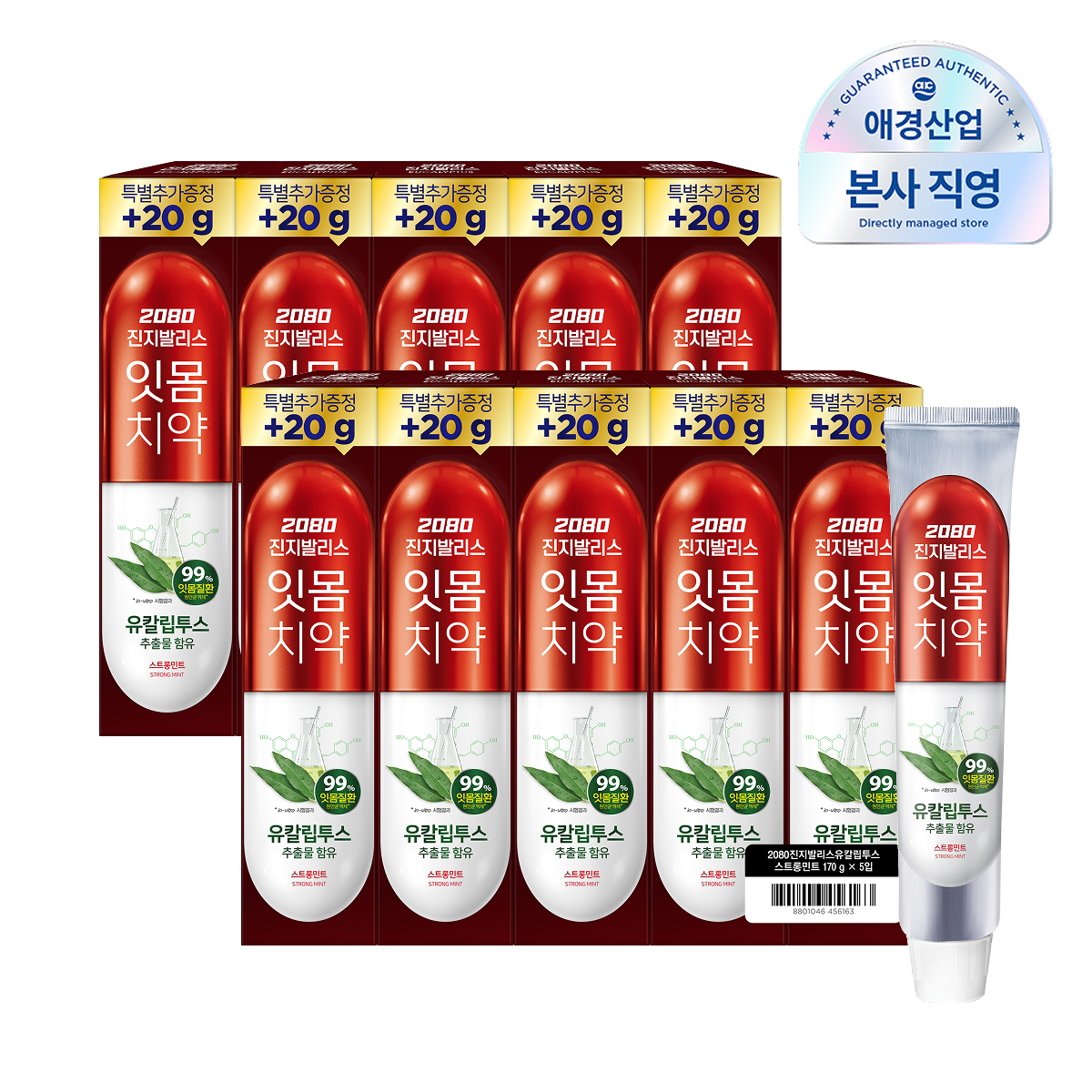 [APP전용][20g증량] 2080 진지발리스 유칼립투스 민트치약 170g*10입 (스트롱/후레쉬)