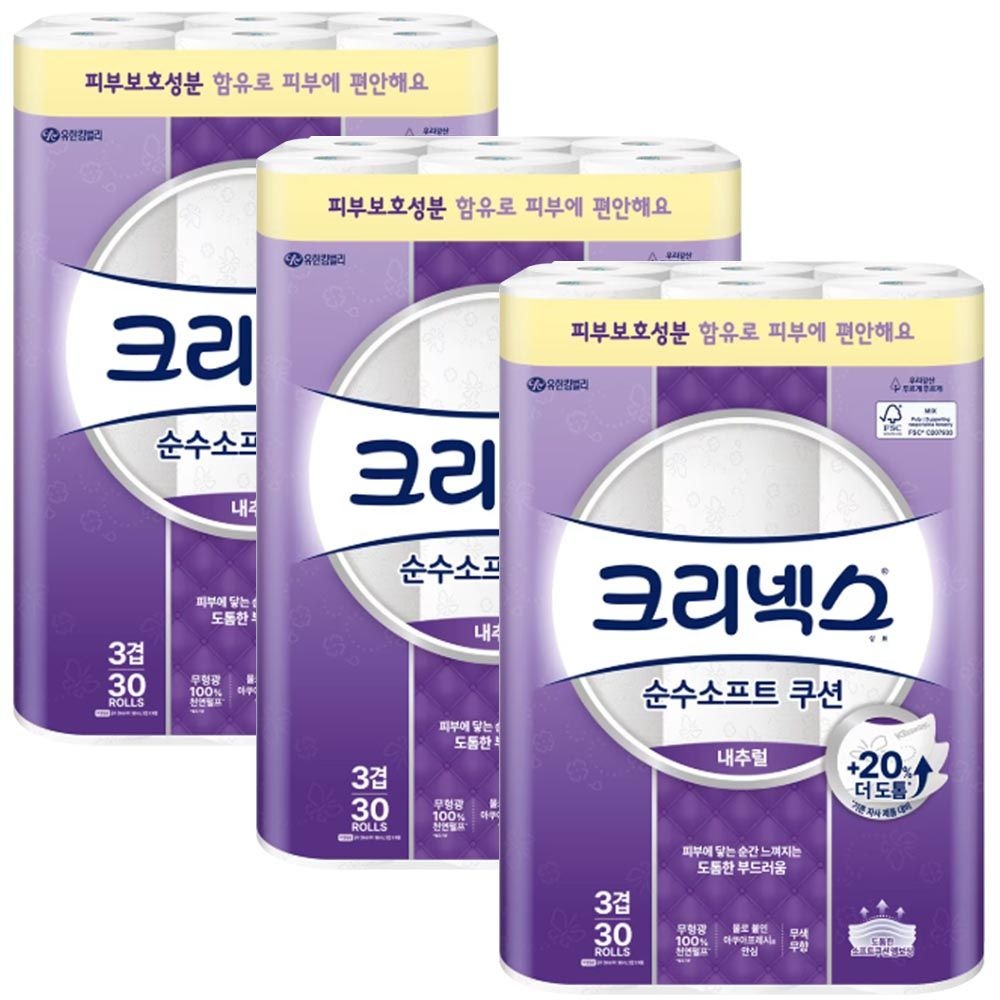 크리넥스 3겹 순수소프트 내추럴 쿠션 화장지 무색무향 30m 30롤 x3개