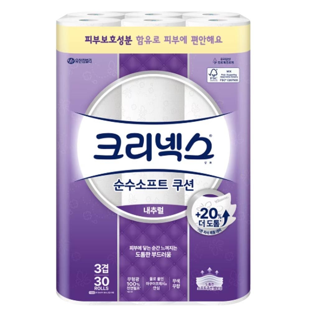 크리넥스 3겹 순수소프트 내추럴 쿠션 화장지 무색무향 30m 30롤