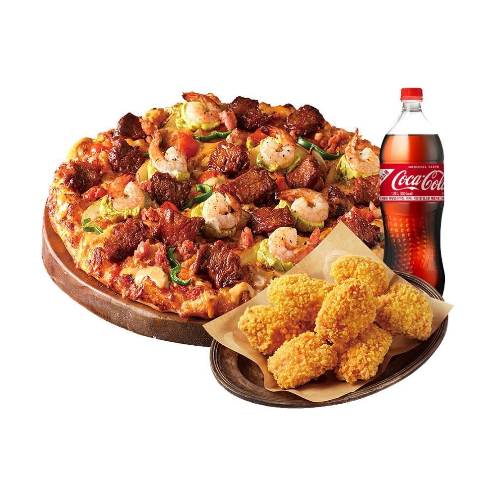 (10%할인) (오리지널)LA 치즈폴레 갈비 스테이크 L + 콘 크런치 치킨 + 콜라 1.25L