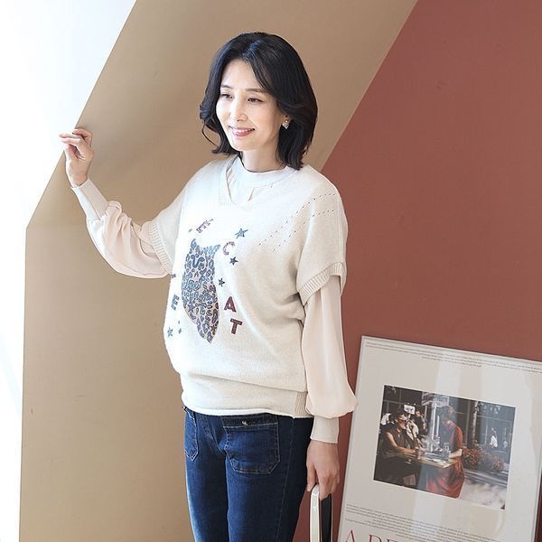 쉬즈마담 J31711 부엉이호피 펄 루즈핏 울니트조끼 50대 엄마옷_P405739686