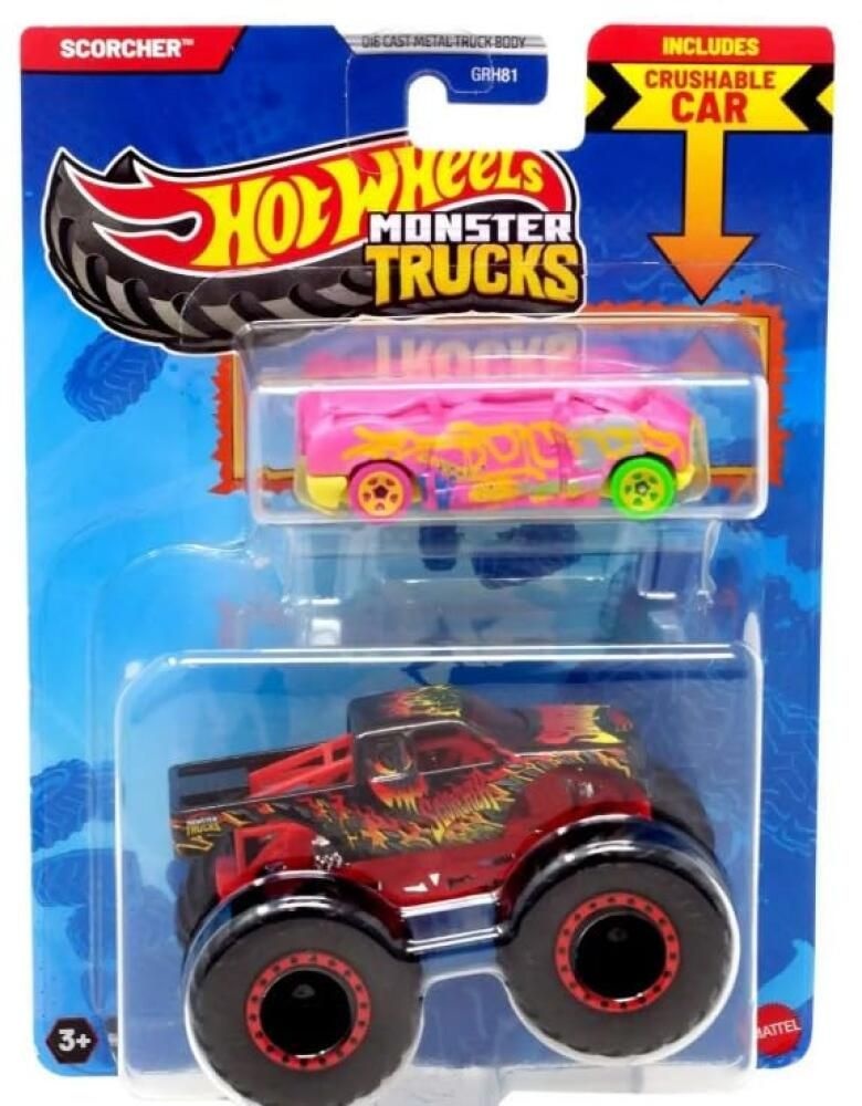핫휠 [해외] Hot Wheels Monster Trucks Scorcher, 크러셔블 밴 블라인드 사이드가 있는 다이캐스트 차량, 1:64 스케일