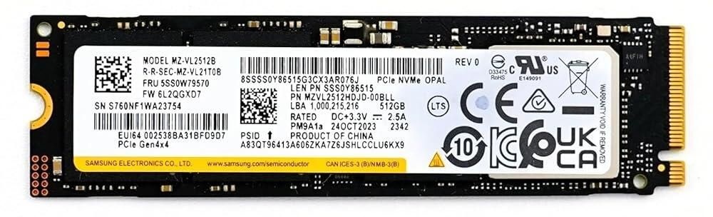 [해외] ZECHNOLOGY NewSamsung 512GB PM9A1a Gen4x4 NVMe M.2 PCIe SSD OEM - MZVL2512HDJD LEN SSS0Y86515