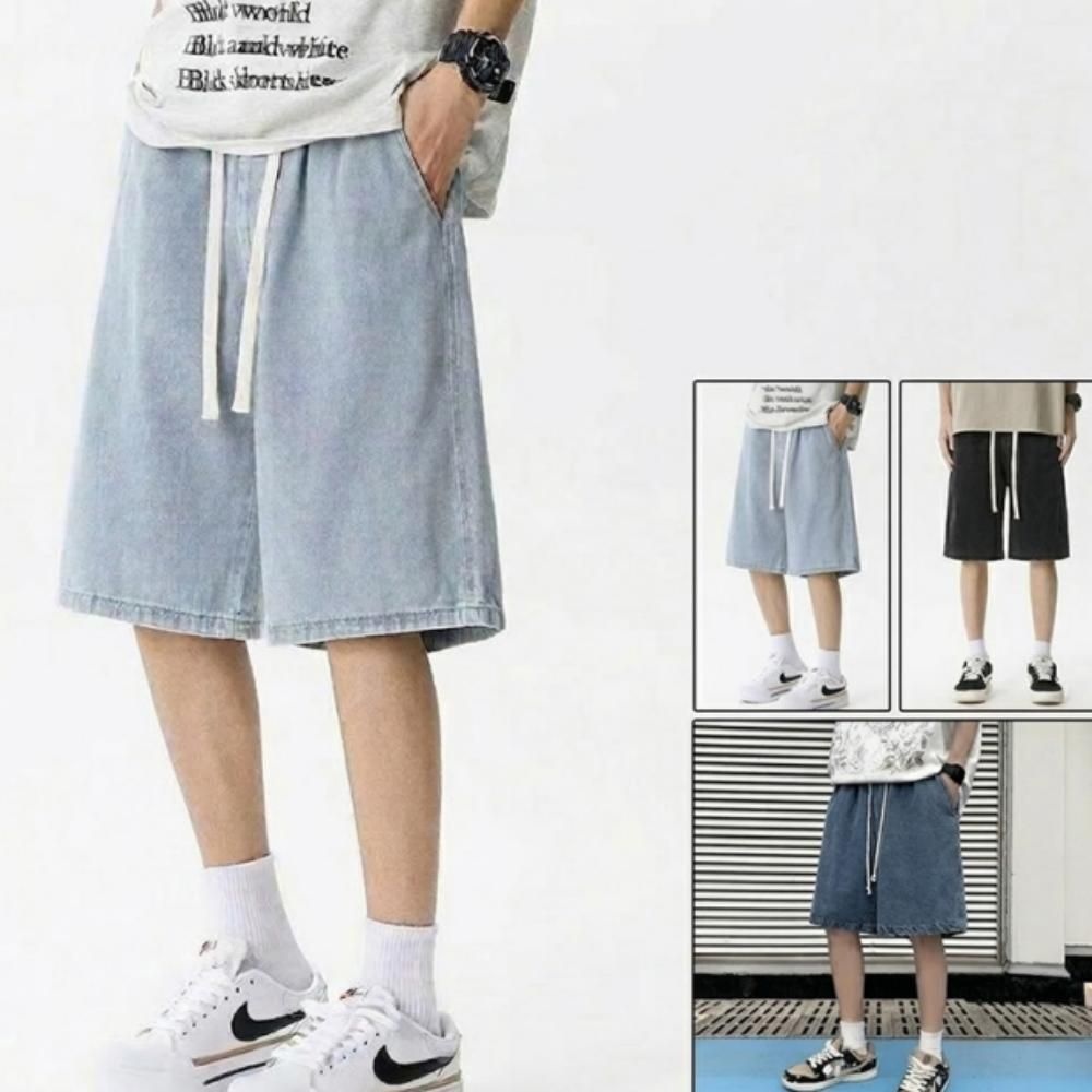 남녀공용 여름 5부 데님 반바지 와이드 밴딩 청바지 남성 버뮤다 팬츠 통바지 A669B