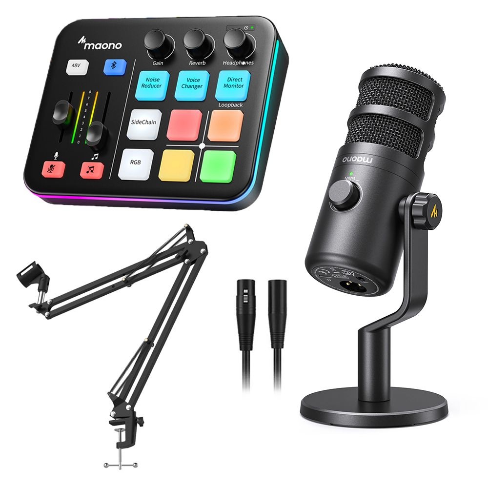 마오노 G1 NEO + PD100 Gen2 게이밍 방송용 스트리밍 블루투스 오디오 인터페이스 믹서 USB XLR 다이나믹 마이크 스탠드 패키지