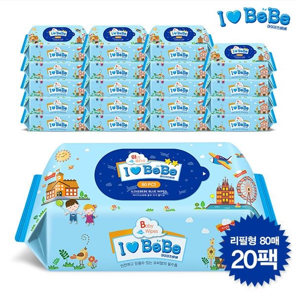 [오늘출발] 아이러브베베 [아이러브베베] 아이러브베베 물티슈 80매 리필형 20팩(블루)