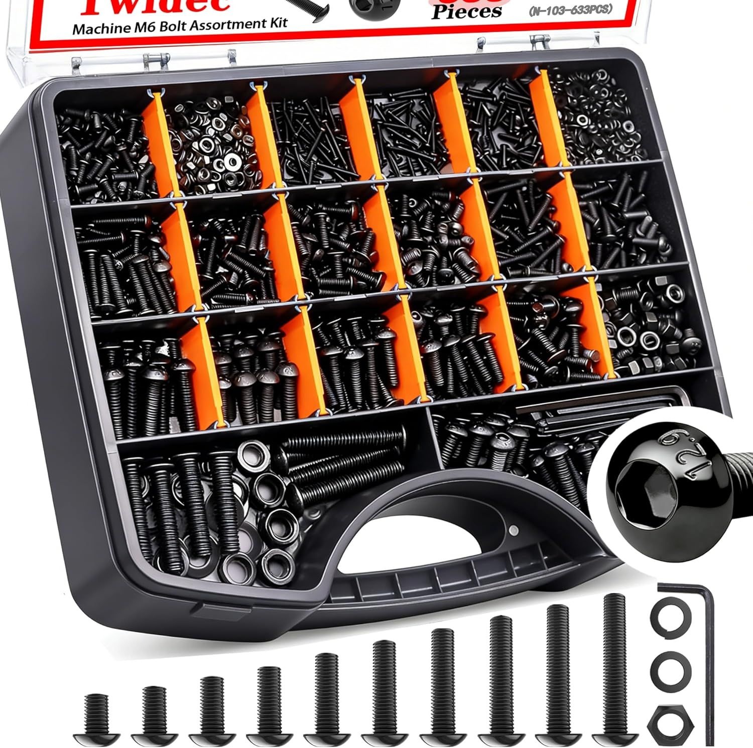 Twideec/633PCS M6 볼트 모음 키트 12.9 등급 M6x10/12/14/16/20/25/30/35/40/45mm 버튼 헤드 육각 소켓 캡 나사 계량 너트 와셔