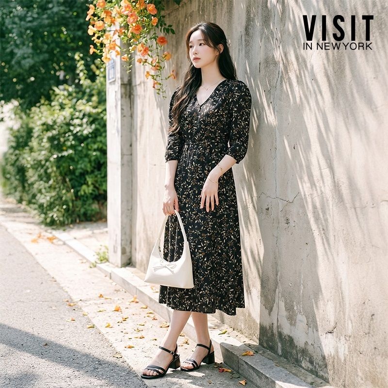 비지트인뉴욕 프린트 볼륨  롱 원피스 (7부소매)(VA4OP70)
