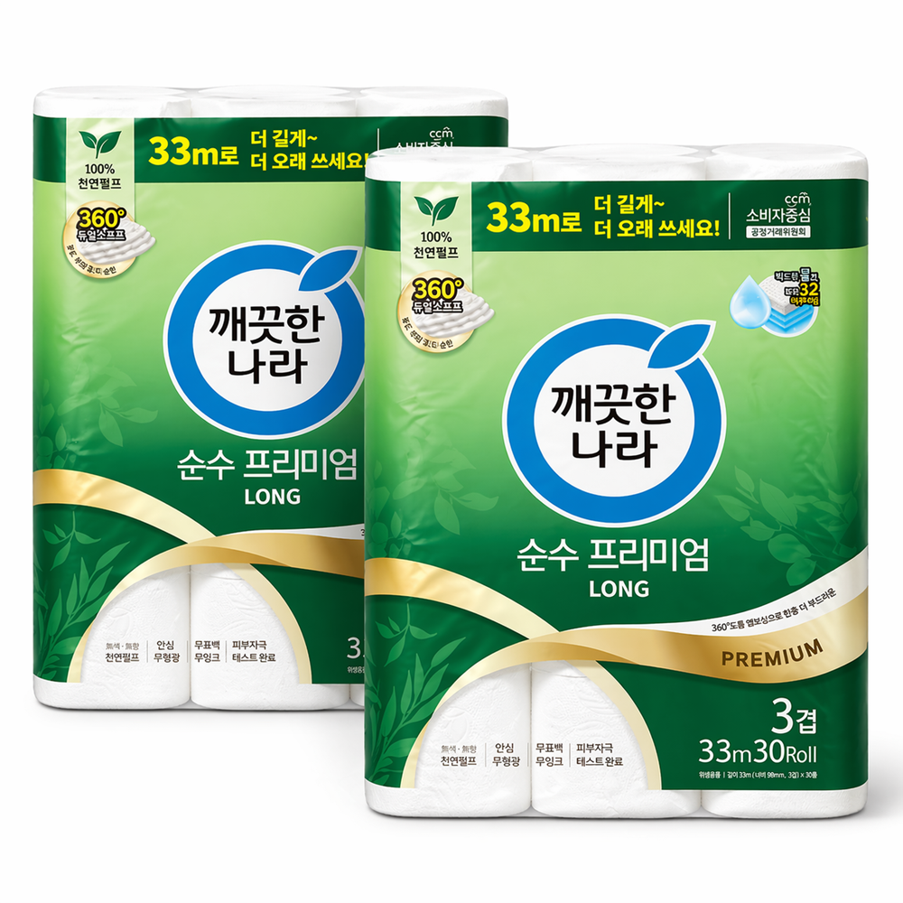 깨끗한나라 순수프리미엄 화장지 30롤 2개 3겹 33m 두루마리 휴지 물에잘녹는 무형광