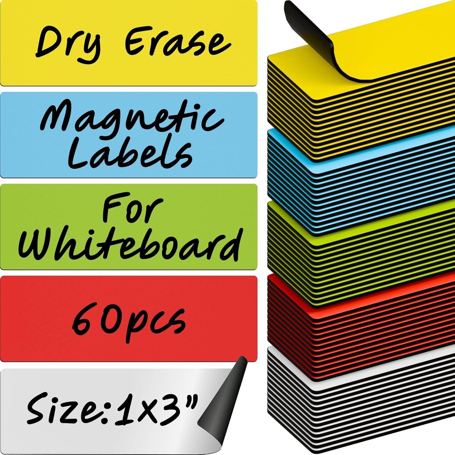 X-bet MAGNET 드라이 이레이즈 마그네틱 라벨 60개, 1"×3"×0.7mm (다채색: 흰색, 빨간색, 파란색, 노란색, 녹색)
