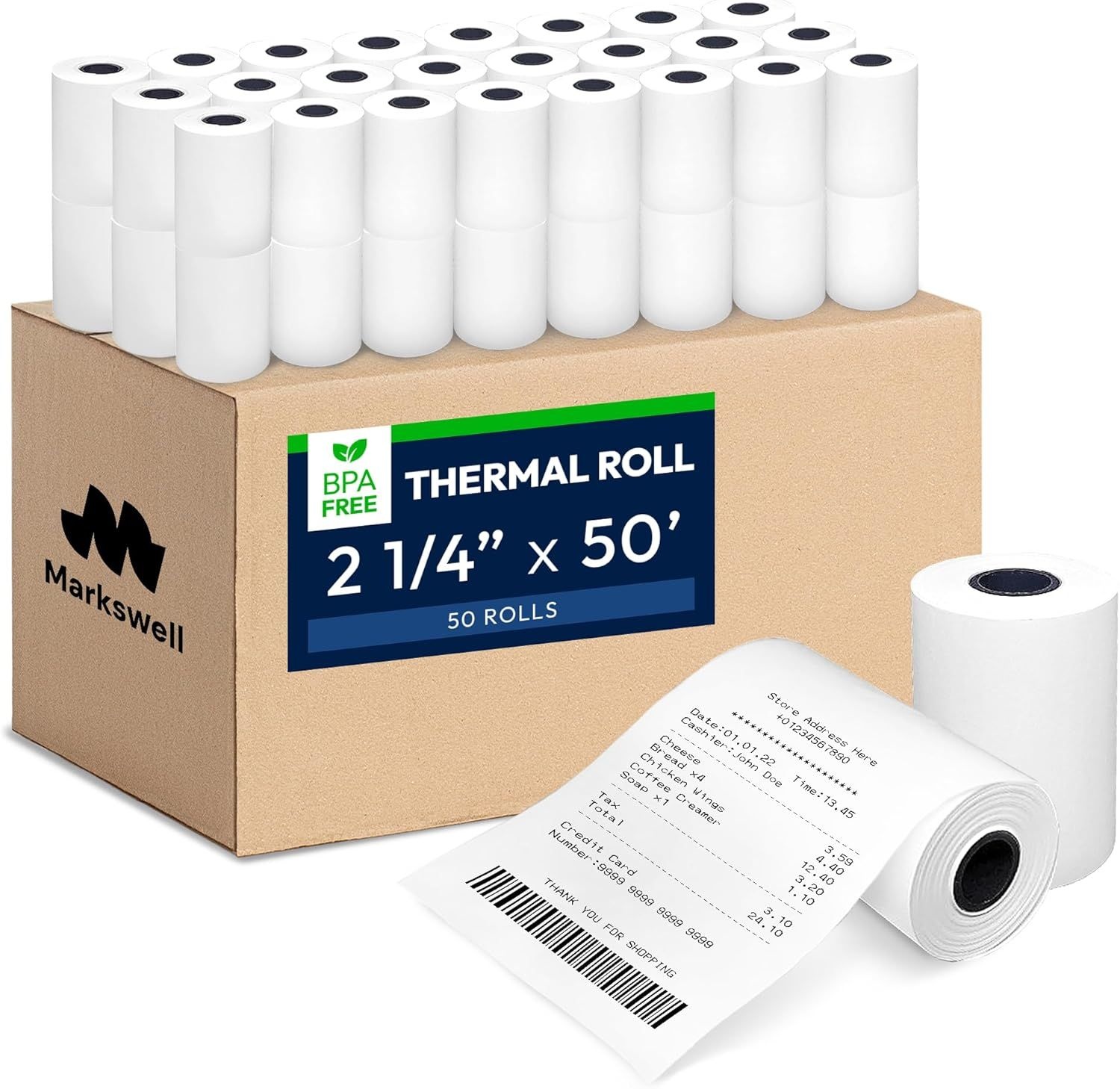 마크스웰 2 1/4인치 x 50인치 열 종이(50롤) - BPA 무료 영수증 용지, 48 GSM 안전 프린터 용지 및 신용카드 기계, POS