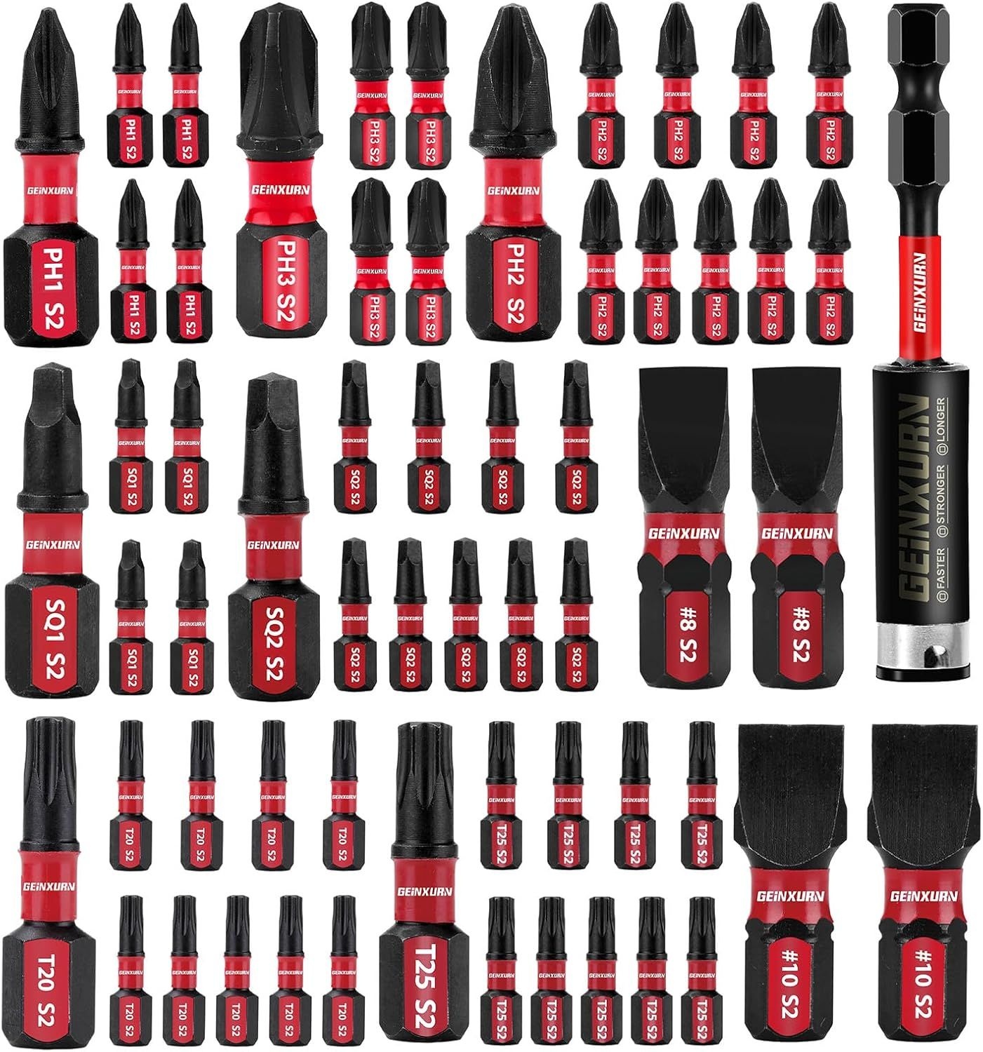 PH1/PH2/PH3/SQ1/SQ2/T20/T25/SL8/SL10 및 1Pcs 임팩트 비트 홀더가 있는 GEINXURN 드라이버 세트, 60피스 레이트 인서트 세트