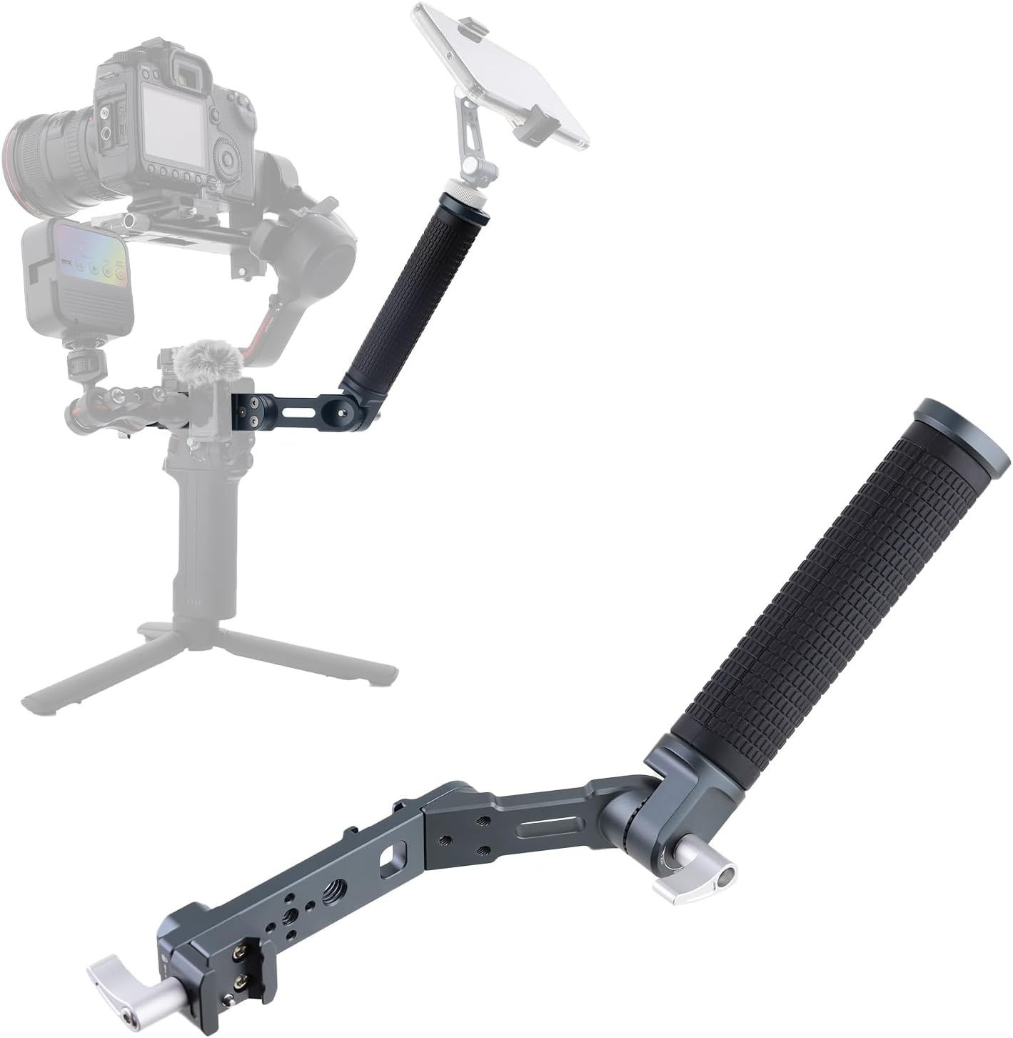 왼쪽 사진 인체공학적 360° 조정 실리콘 슬링 손잡이 + 핸들 Ext L 브래킷 DJI RS5 RS4 PRO/RS4 미니 RS2/RSC2/RS3/RS3/RS3 PRO/RS3