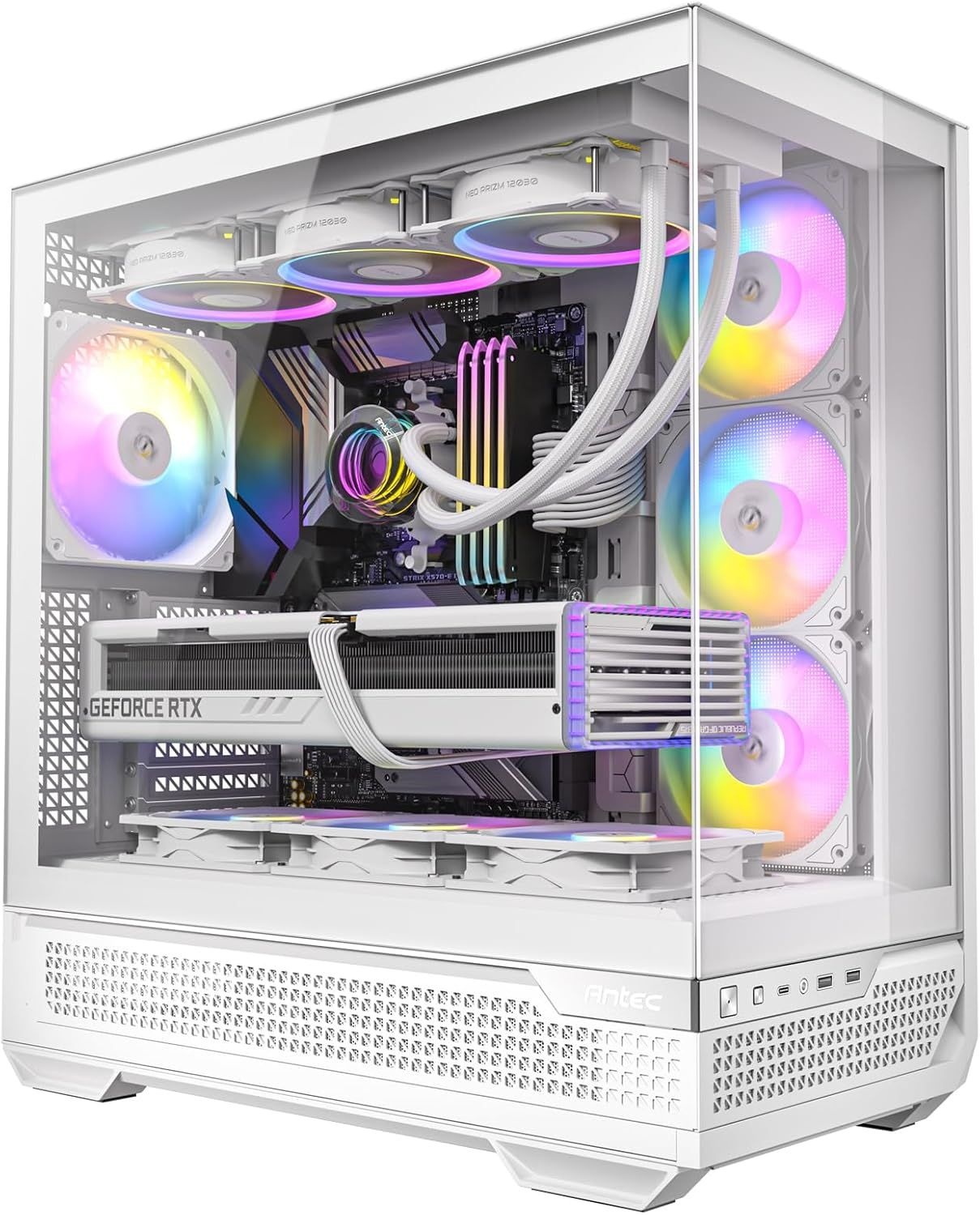 Antec C7 ARGB 화이트, RTX 40 GPU 지원, 4 x 120mm PWM 팬 포함, 수직 냉각, Type-C 10Gbps, 심리스 강화 유리 전면 및 측면 패널,