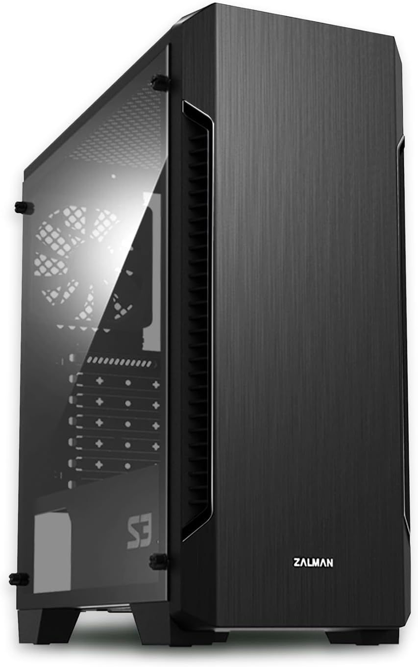 잘만 - S3 ATX 미드 타워 PC 케이스 전체 아크릴 사이드 패널 3x 팬 120mm 사전 설치, 검은색