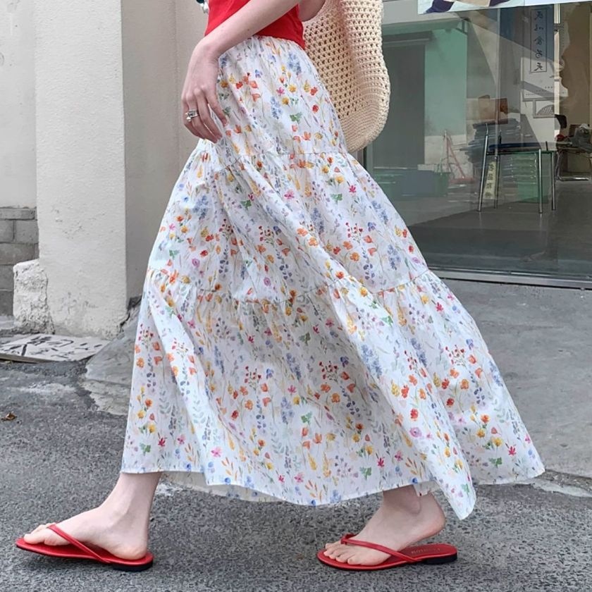 플로렌 가든 여름 오렌지 캉캉 롱 밴딩 스커트 꽃무늬 치마