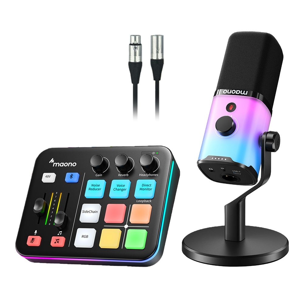 마오노 G1 NEO + PD100X RGB 게이밍 방송용 오디오 인터페이스 믹서 USB XLR 다이나믹 마이크 블랙 패키지