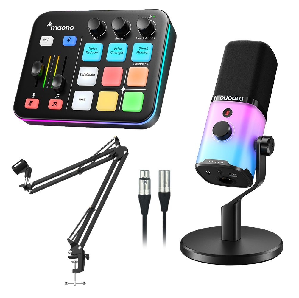 마오노 G1 NEO + PD100X RGB 게이밍 방송용 오디오 인터페이스 믹서 USB XLR 다이나믹 마이크 스탠드 블랙 패키지