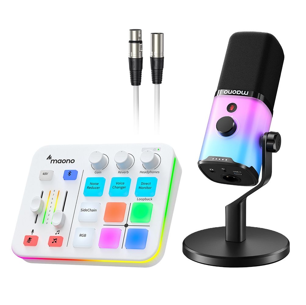 마오노 G1 NEO + PD100X RGB 게이밍 방송용 오디오 인터페이스 믹서 USB XLR 다이나믹 마이크 화이트 패키지