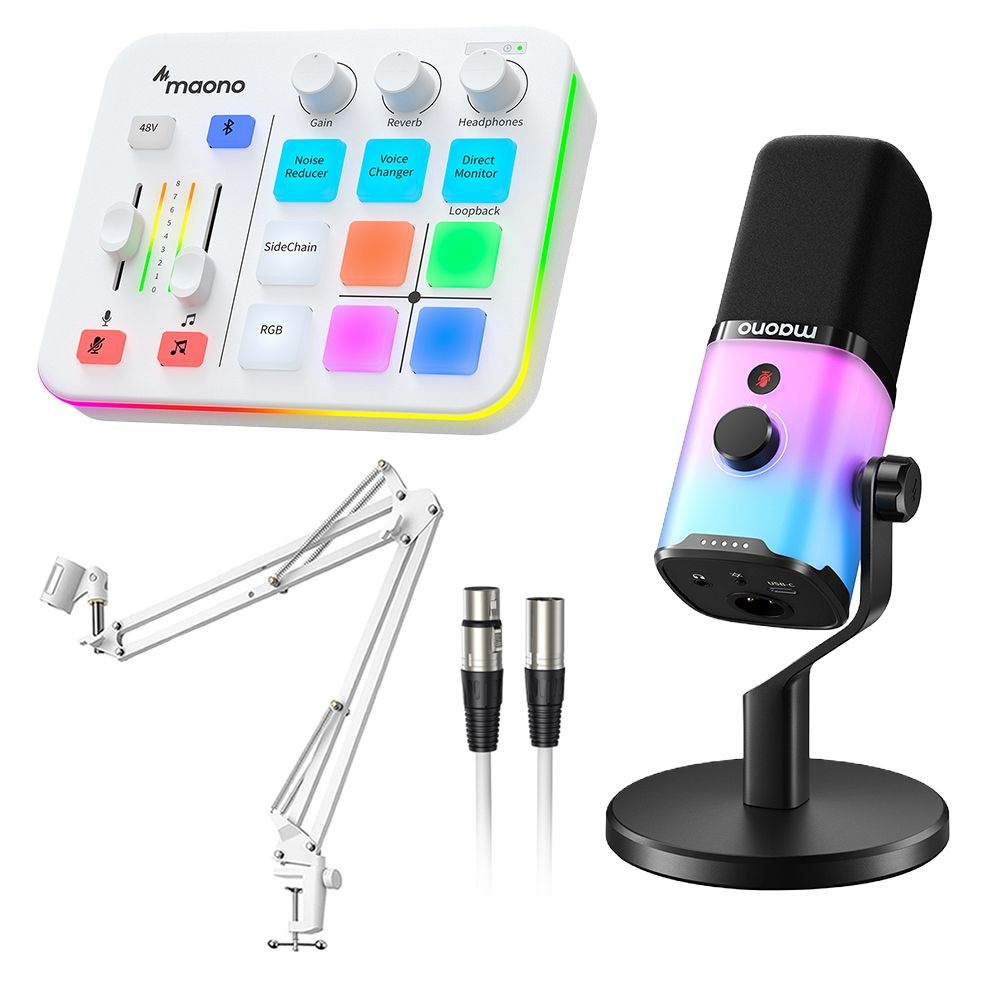 마오노 G1 NEO + PD100X RGB 게이밍 방송용 오디오 인터페이스 믹서 USB XLR 다이나믹 마이크 스탠드 화이트 패키지