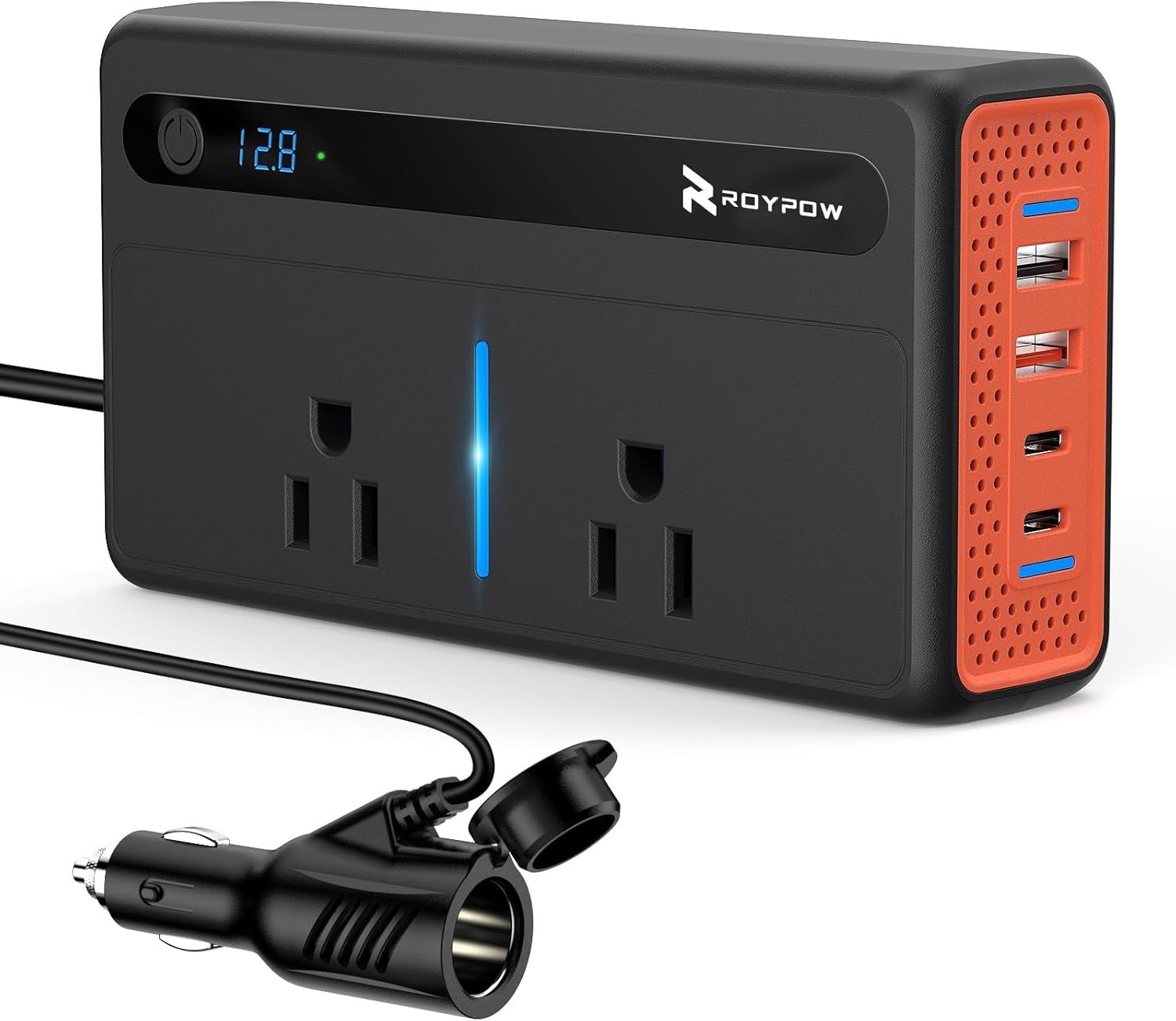 로이파워 200W 자동차 파워 인버터, 궐련 라이터 포트 포함 DC 12V ~ 110V AC 3.4A USB-A, QC3.0 24W 플러그 어댑터 콘센트, PD