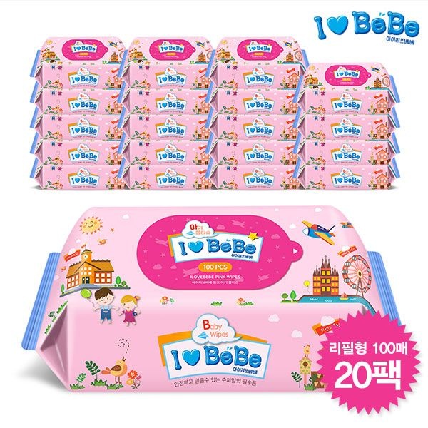 [오늘출발] 아이러브베베 [아이러브베베] 아이러브베베 물티슈 100매 리필형 20팩(핑크)
