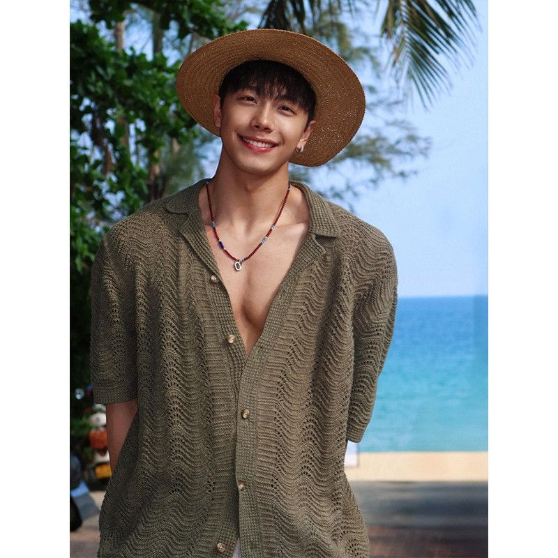 [해외] 데일리루틴남성 니트 반팔 가디건 자외산 차단 가디건 비치웨어 휴가룩