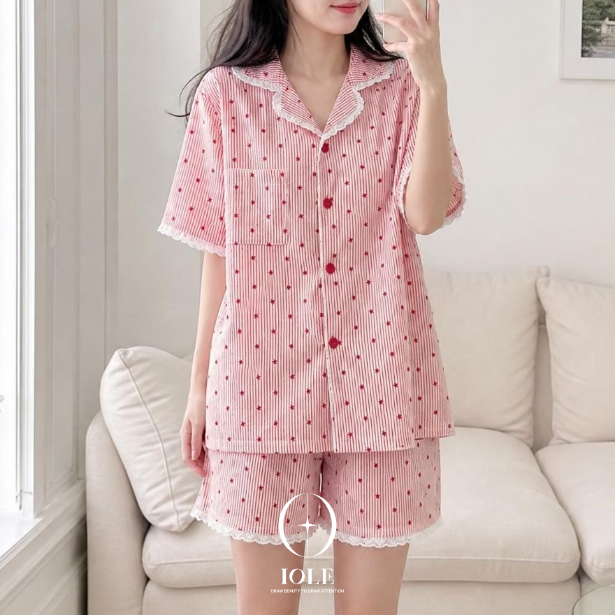[NEW ARRIVAL] 체리스타 레이스 카라 여성잠옷 여름 홈웨어 반팔 반바지 세트