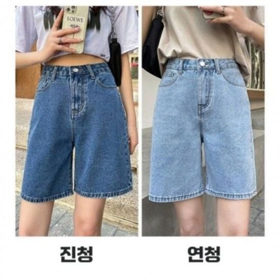데일리룩 하이웨스트세븐부 숏팬츠 외이드 청팬츠 릴랙스핏 이지웨어 블루진 미디 S/S