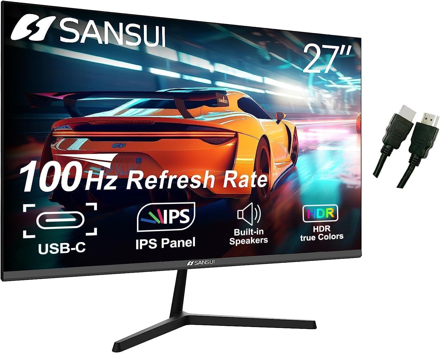 SANSUI 컴퓨터 모니터 27인치 100Hz IPS USB 타입-C FHD 1080P HDR10 내장 스피커 HDMI DP 게임 RTS/FPS 기울기 조정 가능(ES-27X3