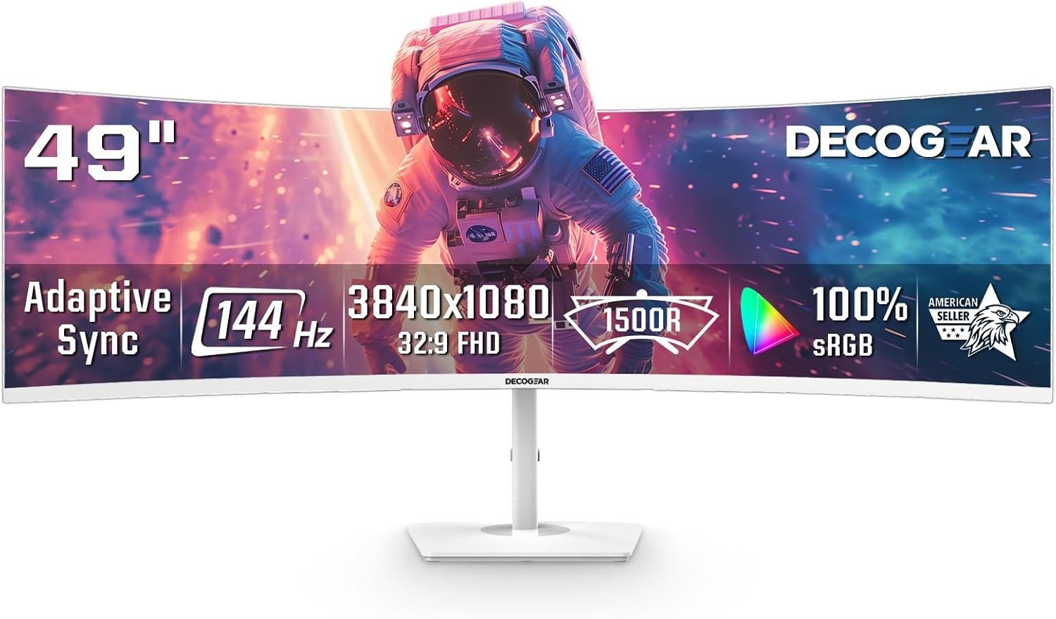 데코 기어 화이트 49인치 커브드 모니터, 144Hz 울트라와이드 DFHD 화면, 3840x1080 32:9 VA 패널, R1500 E-LED, HDMI 2