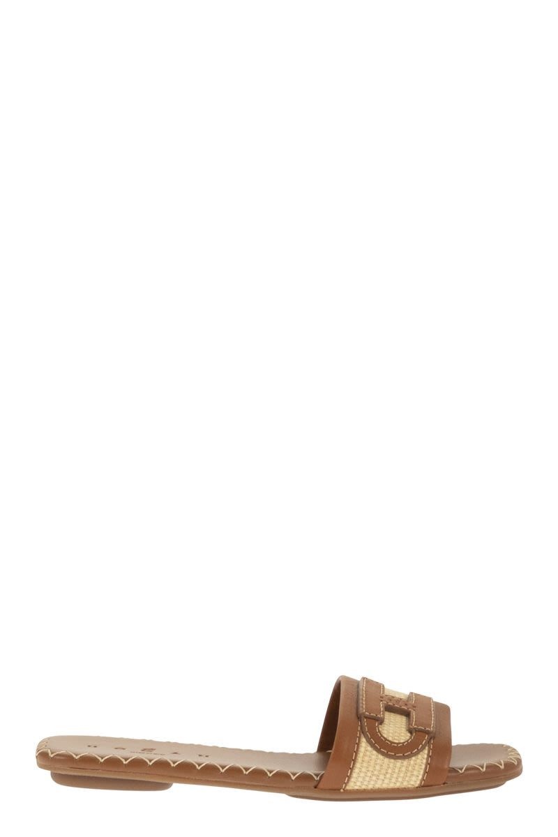 호간 26SS HOGAN H685 - Flat 샌들 in 레더 앤 raffia HXW6850GC40V3L0FG0